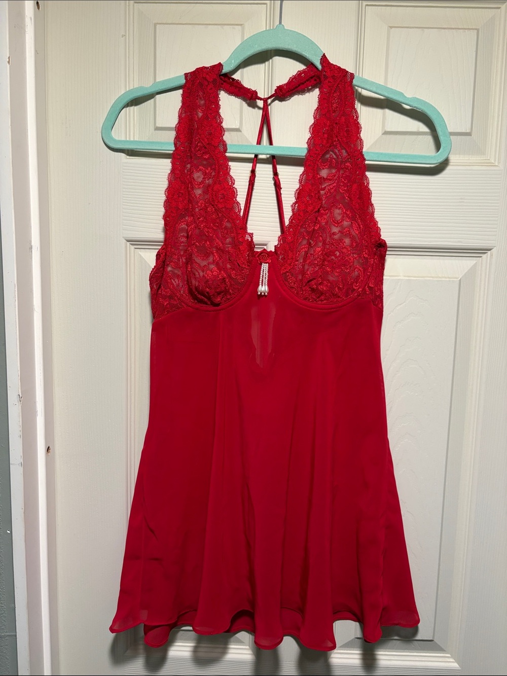 Red Lace Halter Chemise with Satin Skirt and Decorative Rhinestone